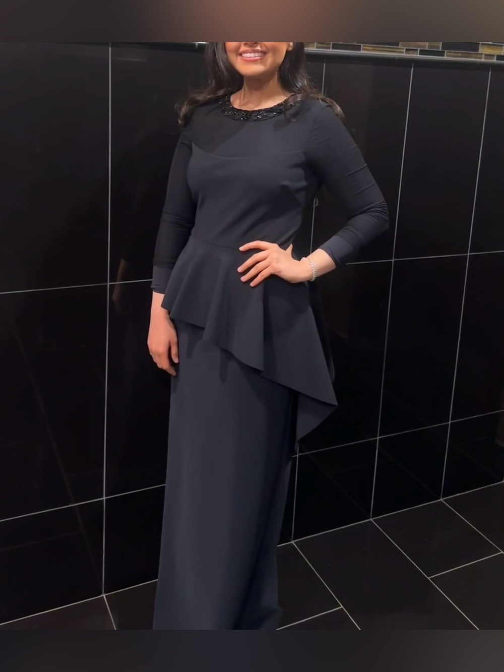 Rickie Freeman for Teri Jon Black Long-Sleeve Peplum Gown